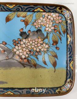 Antique Japonais Fine Cloisonne Enamel Tray Mt Fuji Fleurs D'oiseaux Comme Est