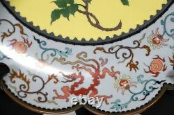 Antique Japonais Fine Cloisonne Lobed Rim Plate Meiji Period Dragon & Pivoie 11.7