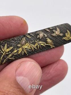 Antique Japonais Shakudo Gold & Mixed Metal Birds Bambou Scene Pin Brooch