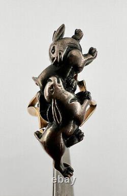 Antique Japonese Meiji Menuki 14k Or Jaune Anneau De Lapins De Bronze