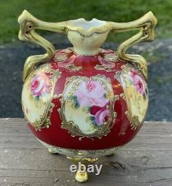 Antique Meiji Era Japonais Nippon Fine Porcelaine Rose Émail Gilt Rose Vase
