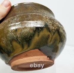 Antique Vintage Japonais Fine Art Pottery Bowl Signé Green Tea Dust Glaze