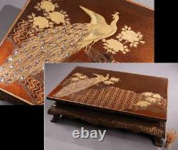 Antiquités japonaises fines RADEN Or MAKI-E KADAI Table plate de paon IKEBANA SADO