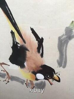 Artiste De Peinture D'oiseau Japonais Antique Signé Vintage Encadré Japon Grand Art Fin