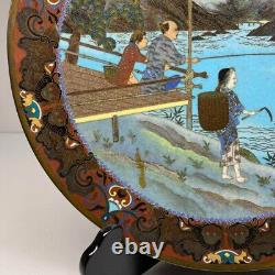 Assiette Cloisonné de l'ère Meiji Motif paysage 12 pouces Art antique japonais de qualité