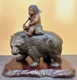 Beau bronze japonais de l'époque Meiji - Okimono Kintaro garçon sur un ours