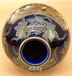Beau vase japonais Meiji Satsuma en cobalt bleu avec un samouraï par Kinkozan