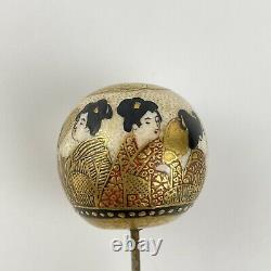 Belle Balle Antique Top Japonais Satsuma Chapeau De Porcelaine Épingle Femmes Gilt Meiji Période