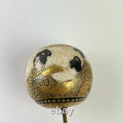 Belle Balle Antique Top Japonais Satsuma Chapeau De Porcelaine Épingle Femmes Gilt Meiji Période