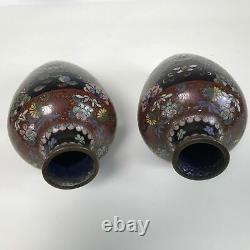Belle Paire D'anciennes Vases Meiji De L'époque De Cloisonne 7,25