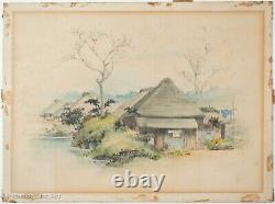 Belle aquarelle japonaise antique du paysage du village du mont Fuji, non signée, de qualité