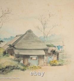 Belle aquarelle japonaise antique du paysage du village du mont Fuji, non signée, de qualité