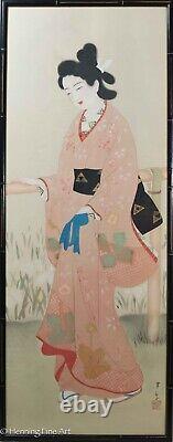 Belle peinture sur soie japonaise antique de geisha en rose signée et FINE