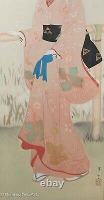 Belle peinture sur soie japonaise antique de geisha en rose signée et FINE