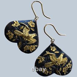 Boucles D'oreilles 14kt Gold Antique Japonais Shakudo Hawk