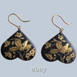 Boucles D'oreilles 14kt Gold Antique Japonais Shakudo Hawk