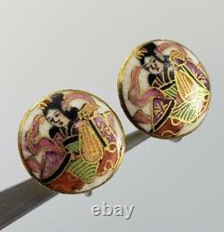 Boucles d'oreilles d'art en porcelaine chinoise antique en argent sterling, asiatique japonais