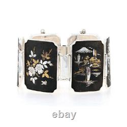 Bracelet De Panneau Damascène Japonais Vintage En Argent 6 1/2 Paysages & Nature