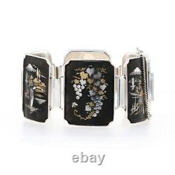 Bracelet De Panneau Damascène Japonais Vintage En Argent 6 1/2 Paysages & Nature