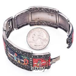 Bracelet de panneau de conteur d'émail de marcassite en argent japonais antique