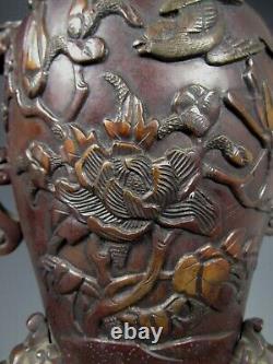 Brûleur d'encens en bronze japonais de lotus et d'oiseaux de l'ère Taishō (vers 1920-30)