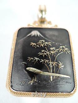 Collier Antique Meiji Mount Fuji & Peacock Locket Pendant Japonais Shakudo