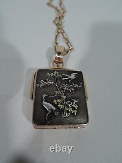 Collier Antique Pendentif Meiji Crane & Lily Pendentif Japonais Shakudo & Gold