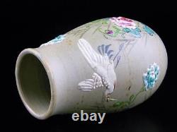 Crane Bird Old Banko Ware Fine Painting Vase Signé Japonais Antique Meiji Era