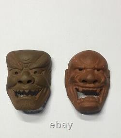 Deux Anciens Vieux Masques Japonais Finement Sculptés De Potier Netsuke Demon Masques