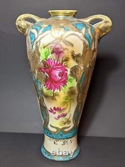 Élégant vase japonais de style ANTIQUE NIPPON, décoré à la main avec de l'or, et doté d'une poignée.