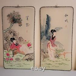 Ensemble vintage de 4 peintures japonaises originales sur soie brute finement tendue