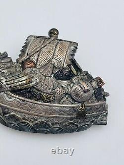 Épingle de bateau à figurine en métal mixte Shakudo en argent sterling antique japonais