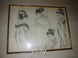 Estampe ancienne représentant une geisha japonaise dans un beau cadre photo