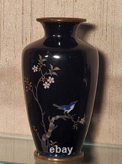 Exquise Miniature Japonaise Cloisonne Vase Avec Fines Cellules En Fil D'argent