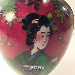 Extremement Fine Fil D'argent Japonais Cloisonne Vase Geisha Rare Période Meiji