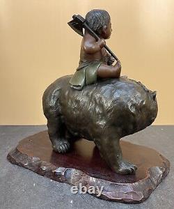 Fin Japonais Meiji Bronze Okimono Kintaro Garçon Sur L'ours