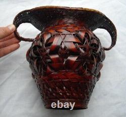 Fin Japonais Meiji Ou Taisho Période Ikebana Hand Woven Basket Bol Ewer Vase
