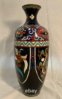 Fine 1880 Cloisonne Japonaise 12 Vase Avec 4 Panneaux D'oiseaux Et De Dragons. Menthe