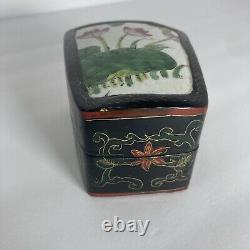 Fine Antique Japanese Makura Box 1890s -kintsugi Céramique Lotus Tile, Laqué