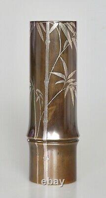 Fine Antique Japonais Argent Inclaid Ikebana Vase De Bronze Signé Période Meiji