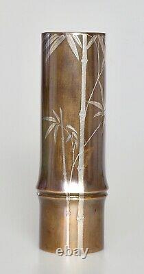 Fine Antique Japonais Argent Inclaid Ikebana Vase De Bronze Signé Période Meiji