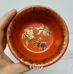 Fine Antique Japonais Chinois Lacquer Bowl Dish Koi Crane Reddish Orange