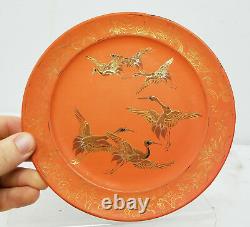 Fine Antique Japonais Chinois Lacquer Bowl Dish Koi Crane Reddish Orange