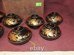Fine Antique Japonais Laquer Bowl Et LID Set De 11 Pcs Meiji