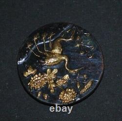 Fine Antique Japonais Meiji Shakudo Iron Gold Crane Figure Peony Design Button