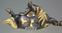 Fine Antique Japonais Victorian 14k Gold Shakudo Rolling Horses Animal Cufflinks