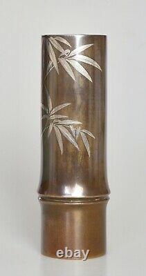 Fine Antique Japonaise Argent Incrusté Ikebana Vase En Bronze Signé Meiji Période