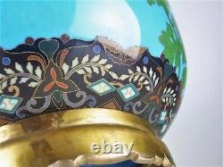 Fine Antique Japonaise Meiji Bleu Cloisonne Grand 12.5in Vase Fleur Papillon