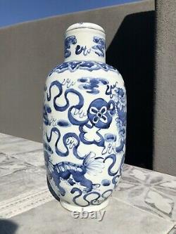 Fine Antique Jaune Bleu Blanc Porcelaine Jar Vase Shi Shi Lions Art W LID Wow
