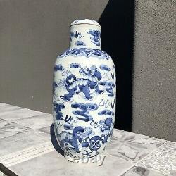Fine Antique Jaune Bleu Blanc Porcelaine Jar Vase Shi Shi Lions Art W LID Wow